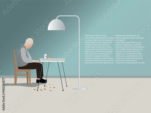 Elderly man suffering from depression neglecting pills and medication