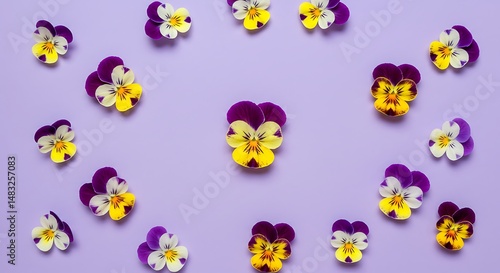 Purple Background with Colorful Pansy Flower Flatlay