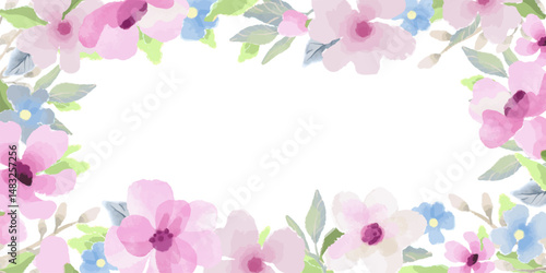 Floral background with watercolor cute flowers. Botanical art frame for holiday card, poster, invitation, social media, cover, advertisement, for Mother's Day, Easter, Birthday. Vector illustration