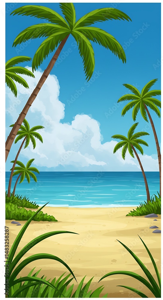 Fototapeta premium Tropical Beach Scene: Palm Trees, Ocean, Sand