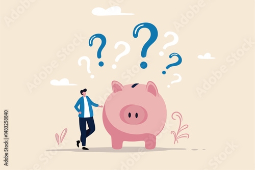 Finance question or saving problem, doubt or confusion, banking or economic uncertainty, contemplation or money solution, wealth concept, confused businessman with piggybank and question marks.