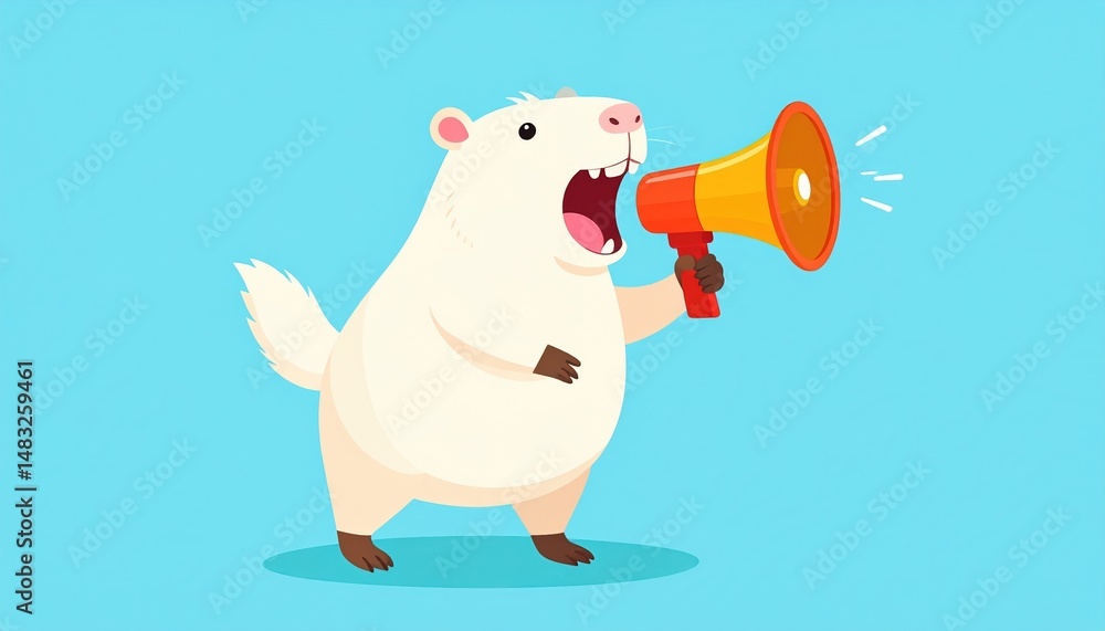 Fototapeta premium Cute White Rodent Cartoon Character Holding a Megaphone Announcing an Important Message