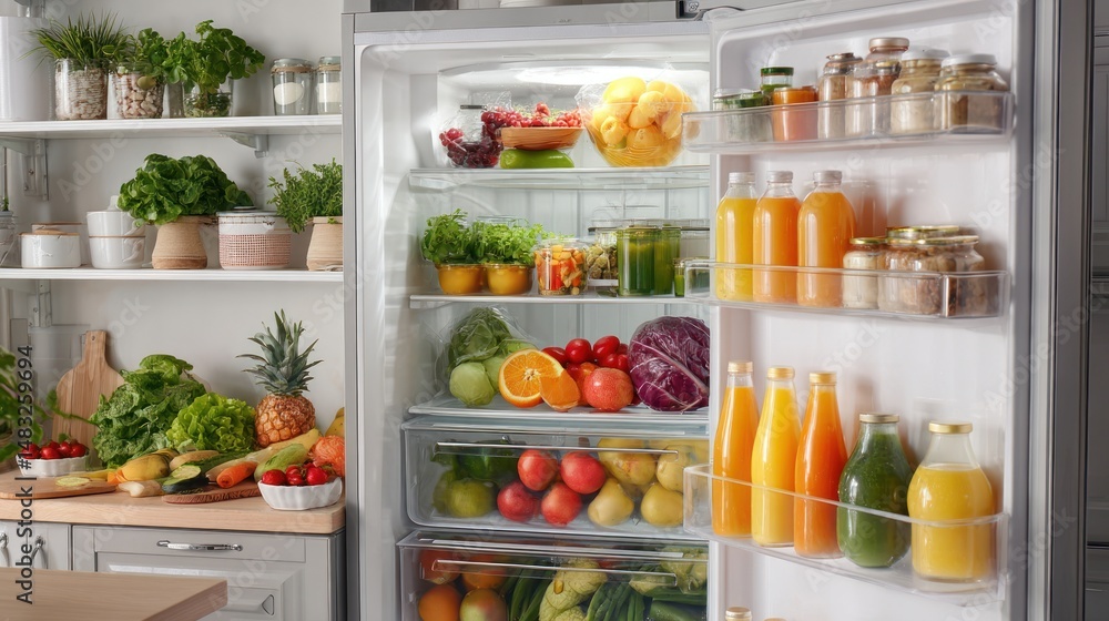 Well stocked refrigerator with fresh produce Well stocked refrigerator with fresh produce