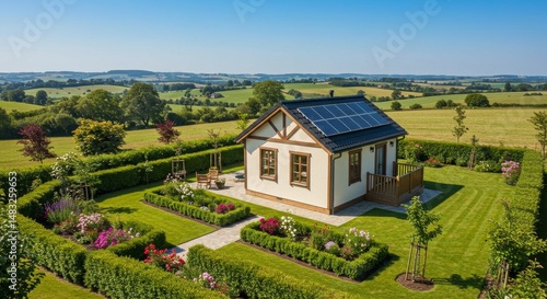 Wallpaper Mural Rural Cottage with Solar Panels and Garden - A charming cottage nestled in a picturesque countryside setting, featuring solar panels and a meticulously landscaped garden Torontodigital.ca