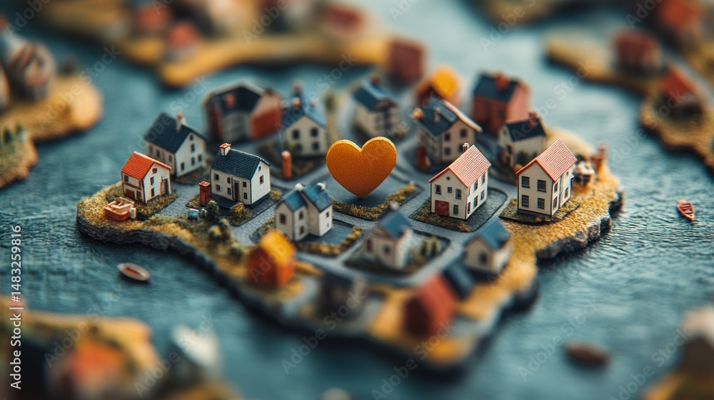 Fototapeta premium Miniature town, heart-shaped symbol of love and community
