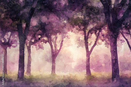 Serene Watercolor Landscape of Trees in Soft Purple Hues