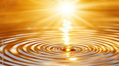 Sunrise reflection on water, golden light shimmering on rippling surface, evokes tranquility, ideal for meditation themes.