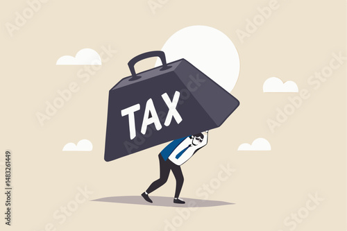 Heavy tax burden to pay off, weight or debt problem, bankruptcy or financial problem, government obligation concept, businessman carry heavy weight with the word TAX.