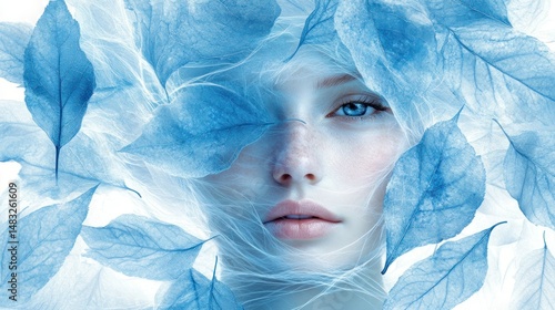 Beautiful woman surrounded by light blue leaves