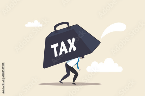Heavy tax burden to pay off, weight or debt problem, bankruptcy or financial problem, government obligation concept, businessman carry heavy weight with the word TAX.
