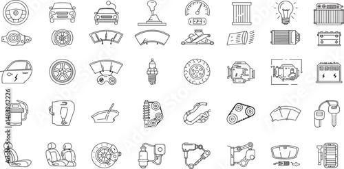 Car Parts line Editable Icons set. Vector illustration in thin line modern style of car structure related icons: body parts, engine types, gearbox, internal parts, and more.