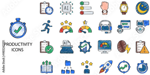 Productivity simple concept 24 hand drawn color icons set .Vector illustration.