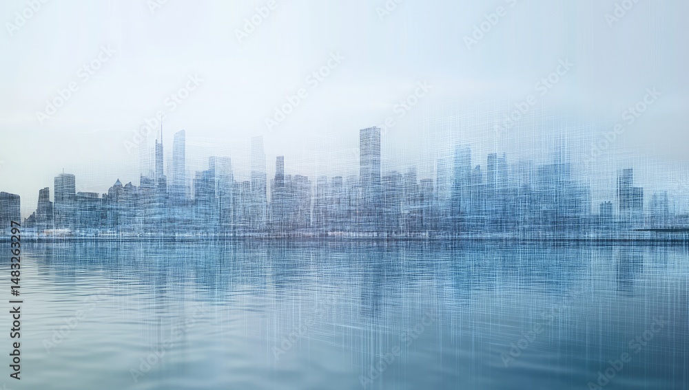 Fototapeta premium City skyline, blurred and overlaid with digital lines, reflecting on calm water