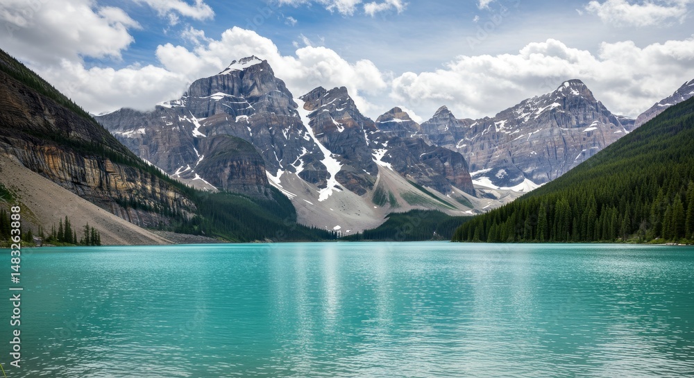 Fototapeta premium Serene Mountain Lake Landscape - Stunning turquoise lake nestled amidst snow-capped mountains and lush forests. A breathtaking natural scene