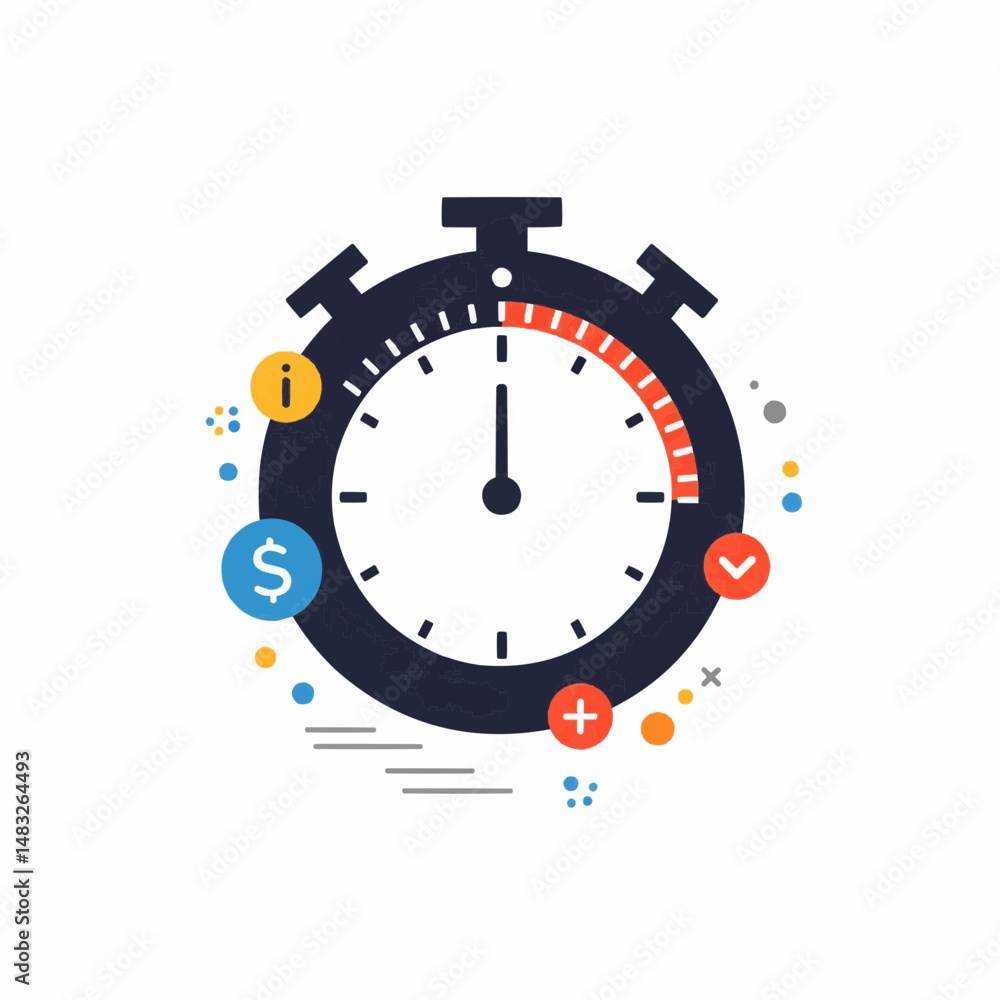 A stopwatch with colorful accents illustrating the concept of efficiency and time management A stopwatch with colorful accents illustrating the concept of efficiency and time management