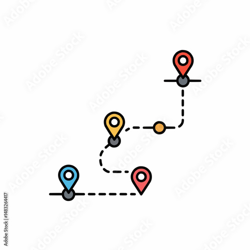 A colorful route with location markers guiding a journey