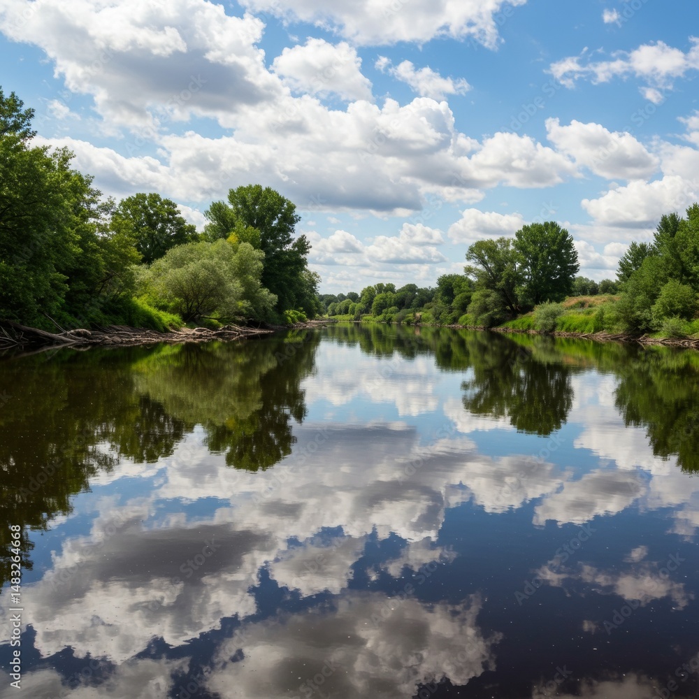 Fototapeta premium Serene River Reflection Under a Summer Sky
