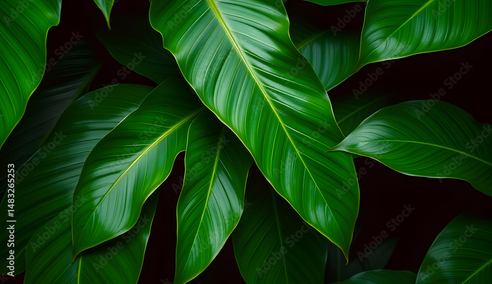 Fototapeta premium Desktop wallpaper of large tropical green leaves, perfect for nature lovers, environmentalists, or anyone wanting a calming, organic background for their computer screen