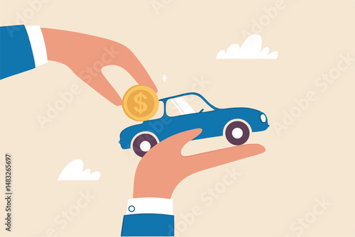 Car leasing or car loan, borrow money to buy new car, rental or auto maintenance cost, debt, purchase or buy new vehicle concept, businessman hand owner put dollar money coin into new car.