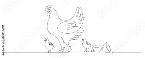 continuous line drawing of chicken and chicks 1