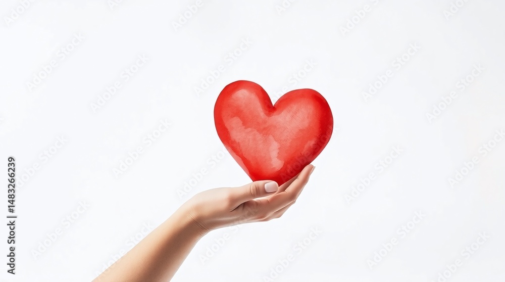 Obraz premium human hand holding red watercolor heart against white background. Concept of charity, kindness and support