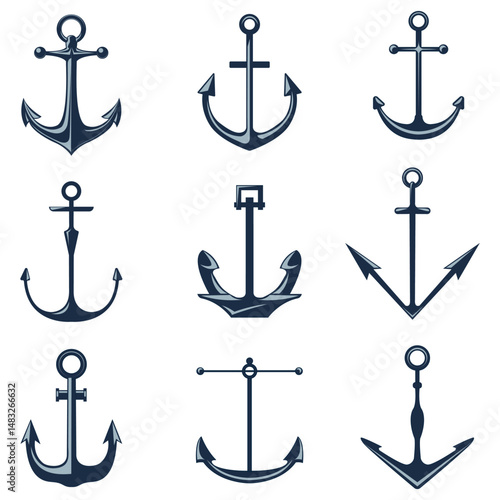 Nautical anchor silhouette vector style set of achors on  a white background