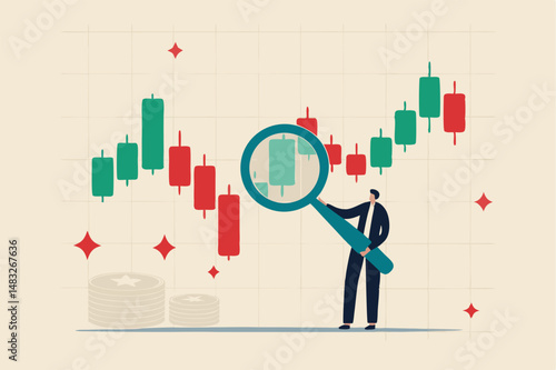 Technical analysis trader to analyze stock market or crypto currency data movement, trend analysis to take profit, buy and sell indicator chart concept, businessman trader magnify candlestick chart.