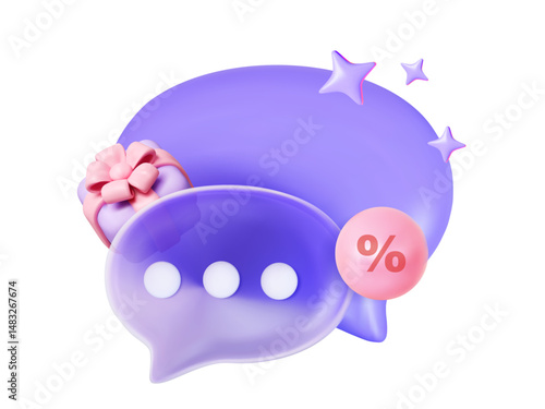 3D illustration of chat bubble with gift, percent symbol and stars. Icon of holiday discount, greeting or promotional notification in digital interface.
