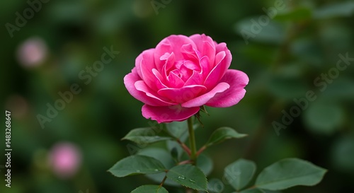 Pink Rose Bloom, Green Background, Close-Up