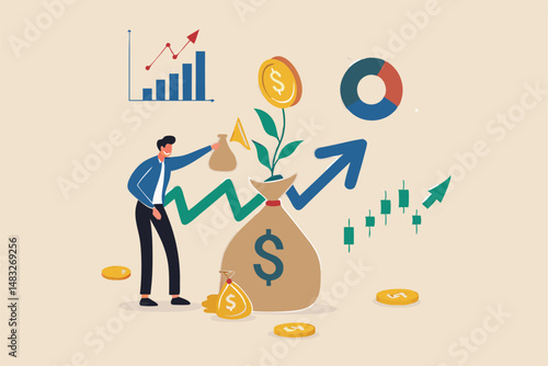Investment growth, growing money to earn profit from savings, increase wealth from stock market or trading, mutual fund or assets concept, businessman watering grow money with rising financial chart.
