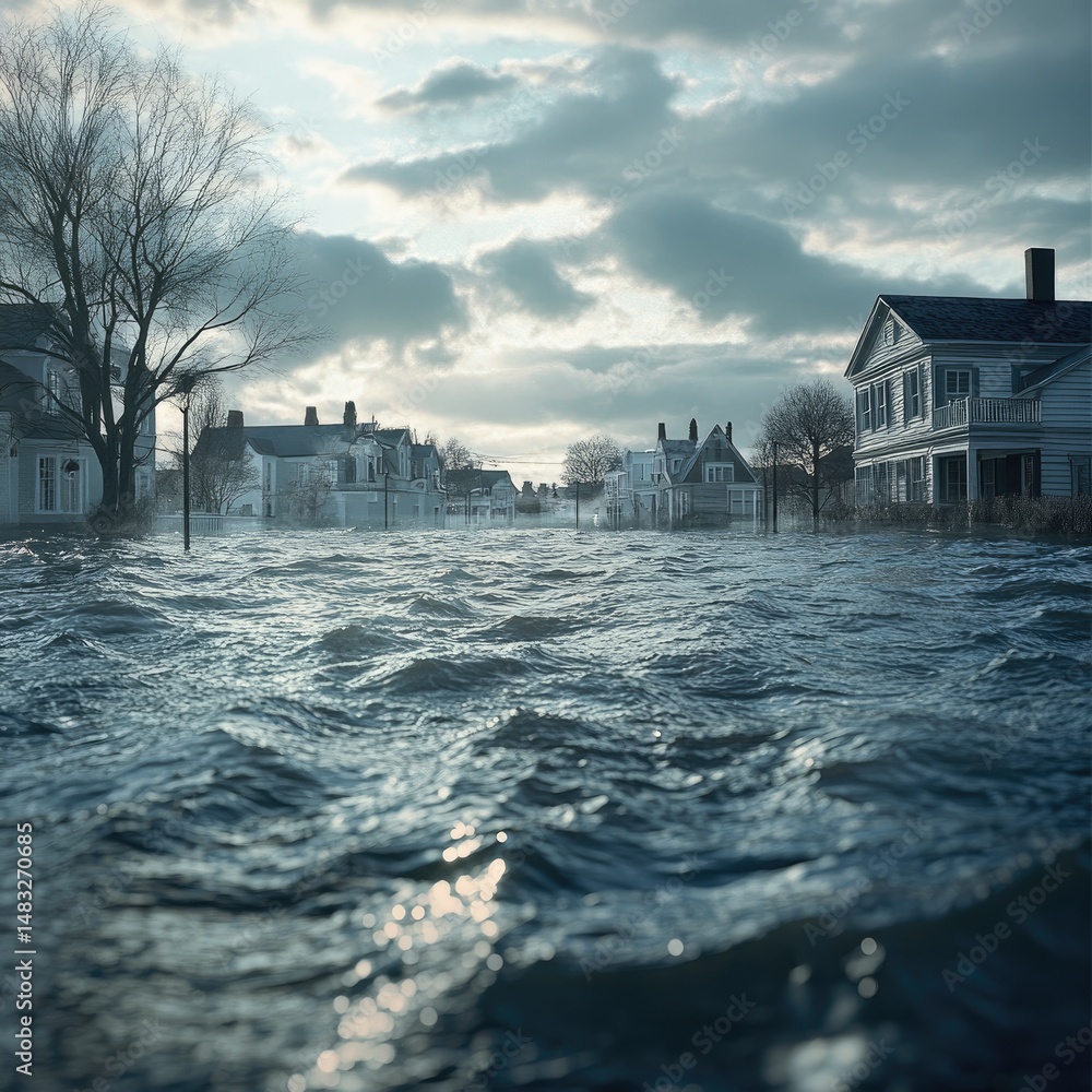 Obraz premium Town underwater during flood natural disaster climate change weather effect