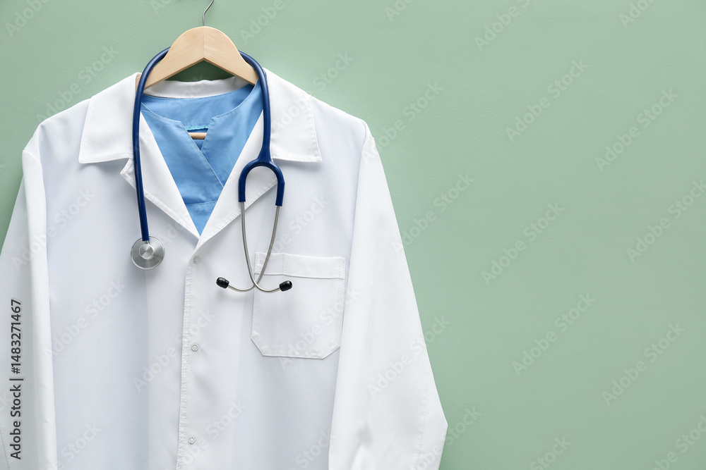 Doctor's coat with stethoscope on hanger against light green background. Space for text Doctor's coat with stethoscope on hanger against light green background. Space for text