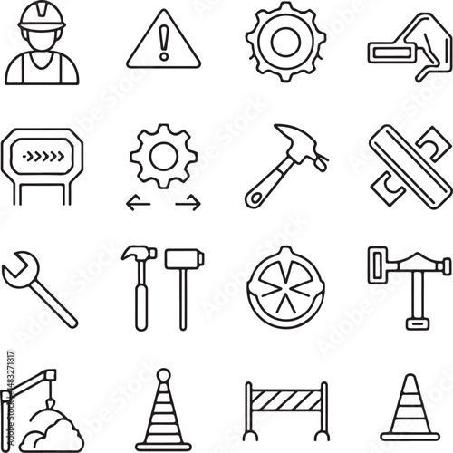 A modern construction icon set in a clean, black and white line art style on a white background