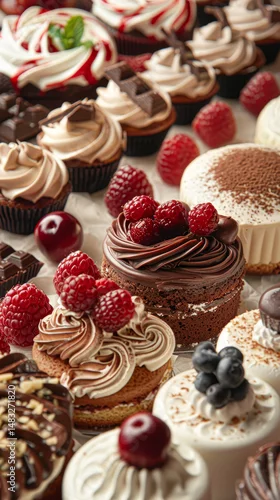 Panel kuchenny z motywem An assortment of gourmet cupcakes and desserts topped with berries, chocolate, and cream, beautifully arranged for a tempting display.