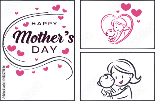 Happy Mother's Day Card with Mother and Baby Vector Illustration