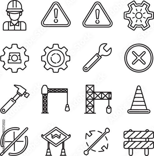 A modern construction icon set in a clean, black and white line art style on a white background
