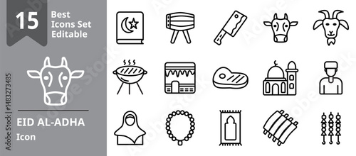 Set of Eid Al-Adha icons. Icons Contains muslim, cow, beef, goat, quran, skewer, etc . Design elements for you projects. Editable stroke vector illustration