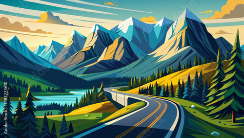 Scenic mountain view with roadway on Bow Valley Parkway in Banff, Canada very beautiful