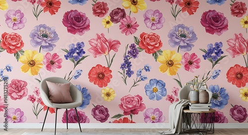 Vibrant Floral Wallpaper Mural, Pink Background