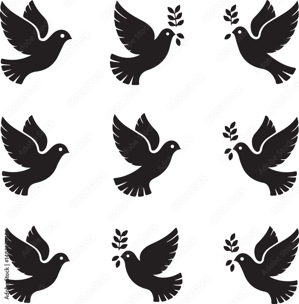 Obraz premium A symbolic vector illustration set of black dove icons on a white background