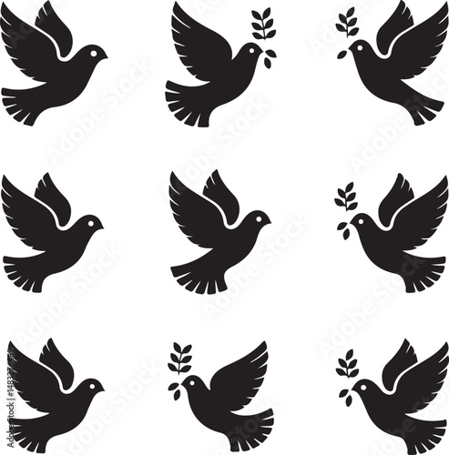 A symbolic vector illustration set of black dove icons on a white background