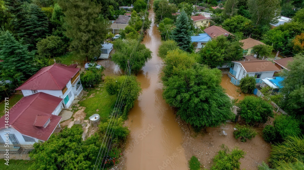 Flooded Residential Area with Submerged Streets Surrounded by Lush Greenery Flooded Residential Area with Submerged Streets Surrounded by Lush Greenery