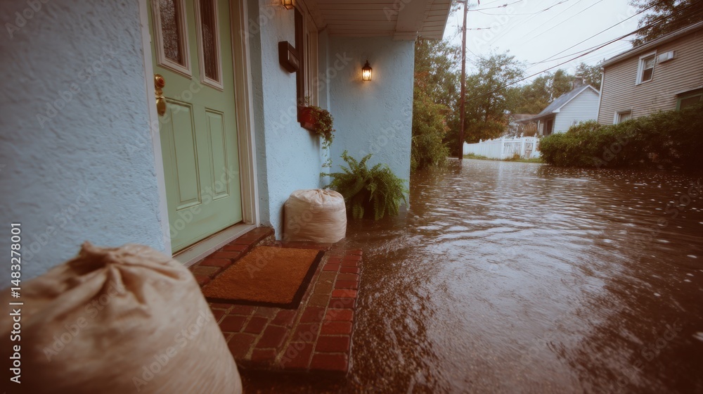 Fototapeta premium Flooded Entrance of a House with Water Accumulation and Outdoor Decor Elements