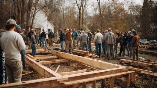 Construction project with people assembling wooden structure