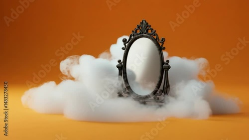 Vintage mirror surrounded by ethereal smoke on an orange background