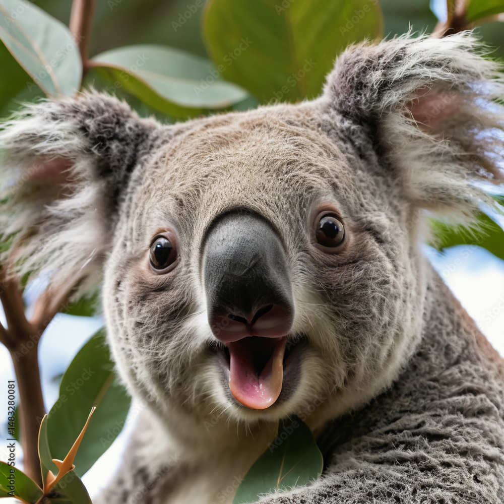 Obraz premium A joyful koala sits among lush green eucalyptus leaves, its wide smile suggesting curiosity and intrigue while basking in the warm glow of the Australian sun Generative AI