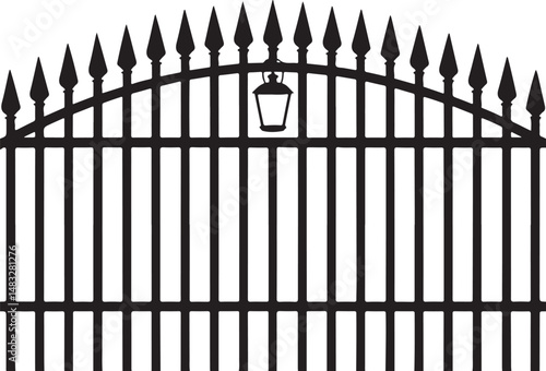 Ornate Iron Gate with Lantern stately wrought iron gate with decorative spearheads and an elegant lantern, symbolizing entrance to an estate or property.