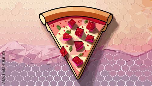 Stylized pizza slice with toppings on a geometric background, modern graphic design