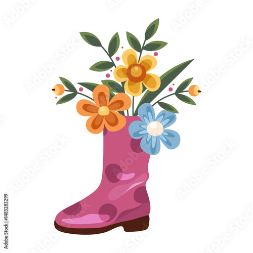 Woman boot or shoe with heel and flower bouquet in it. Vector feminine footwear with blooming petals or plant. Fashion accessory with garden decoration. Girl or lady, female spring botanical beauty.