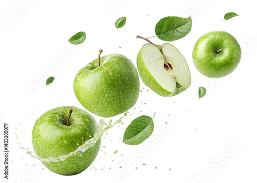  Green Apples falling mid-air isolated on a transparent background.